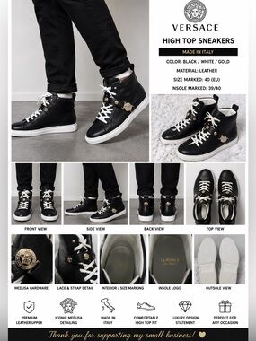 Versace Medusa High Top Sneakers Black Leather Gold Hardware Size 40 Made Italy